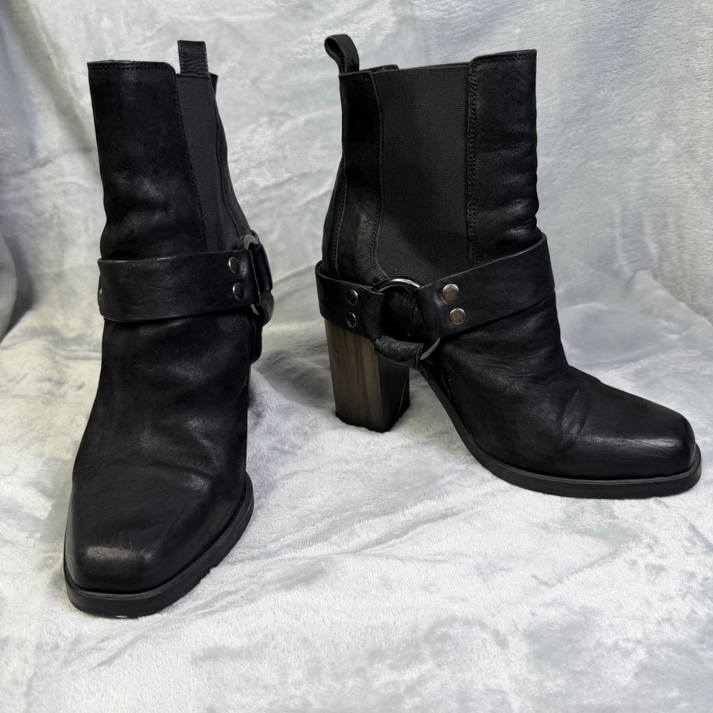 AllSaints Aiden Jules Black Leather Harness Boots 39 Square Toe Chunky Heel